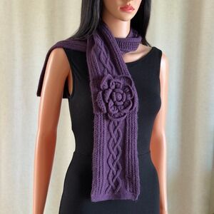 Mud Pie Purple Cable Knit Scarf 3D Flower Accent Plum Cottagecore Cabincore Cozy